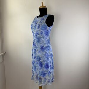 VTG Y2K Blue Floral Watercolor Crinkle Chiffon Dress V Back Whimsygoth Fairycore
